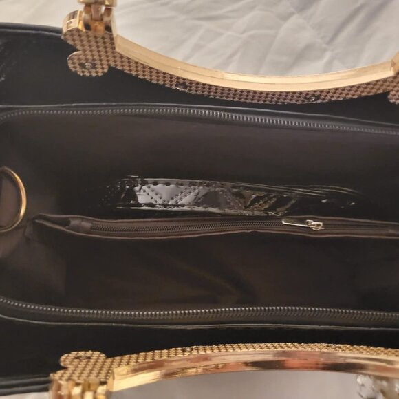 Neiman Marcus Shiny Faux Black Leather Diamond Pattern Top Handle Purse - Picture 5 of 5